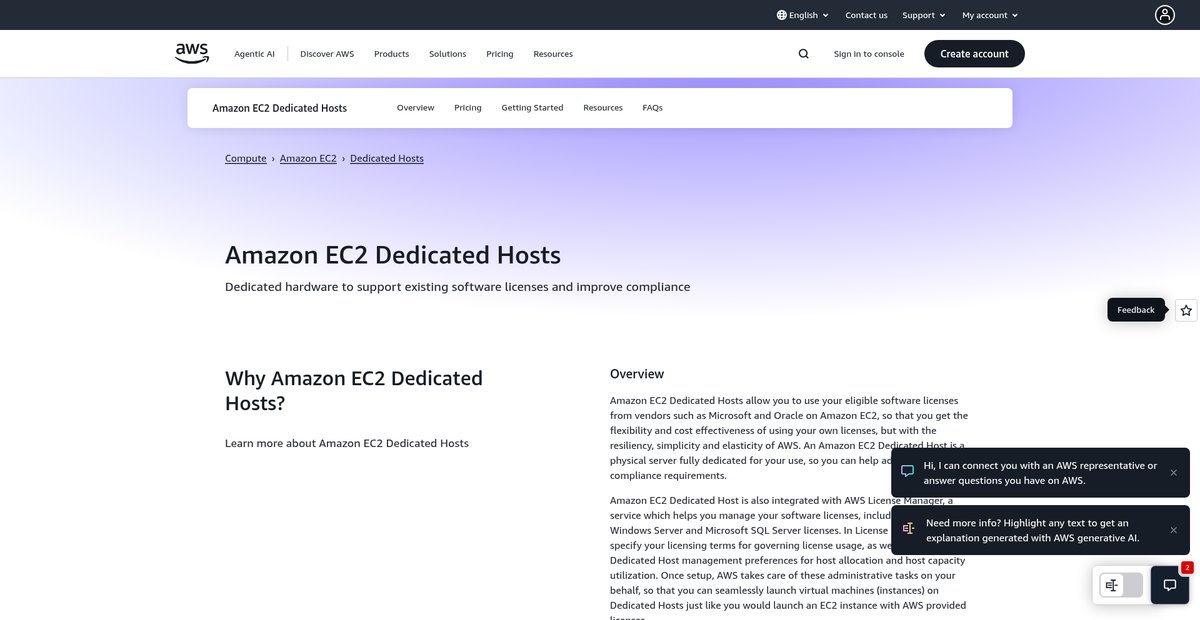Amazon EC2 Dedicated Hosts Screenshot
