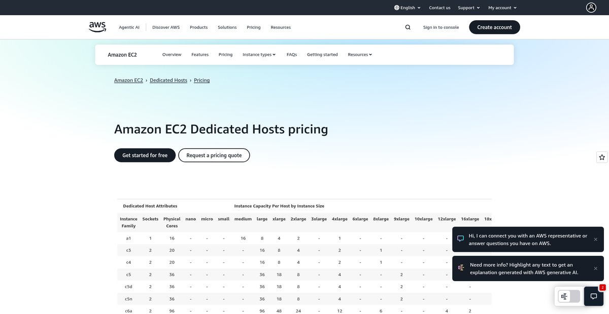 Amazon EC2 Dedicated Host Pricing Screenshot