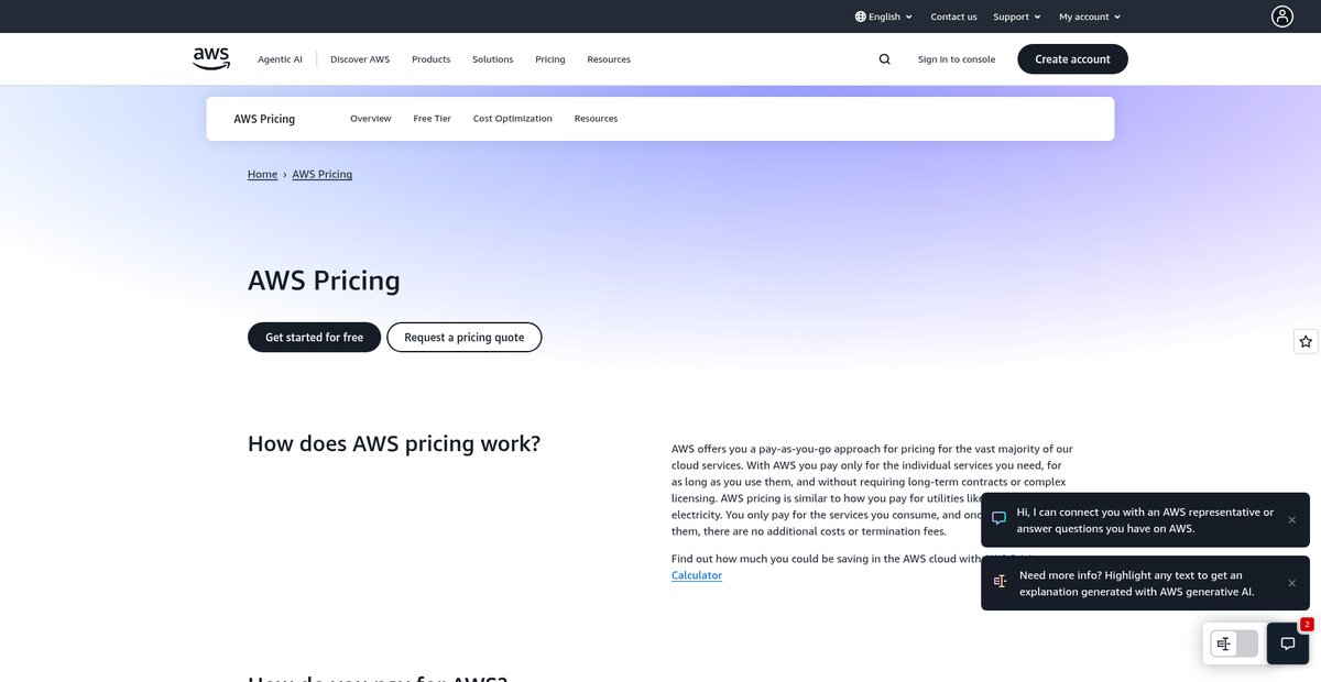 AWS Product and Service Pricing Screenshot