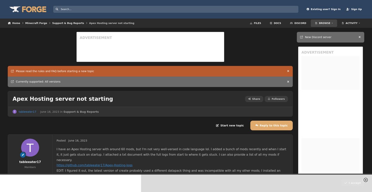 Apex Hosting server not starting - Support & Bug Reports Screenshot