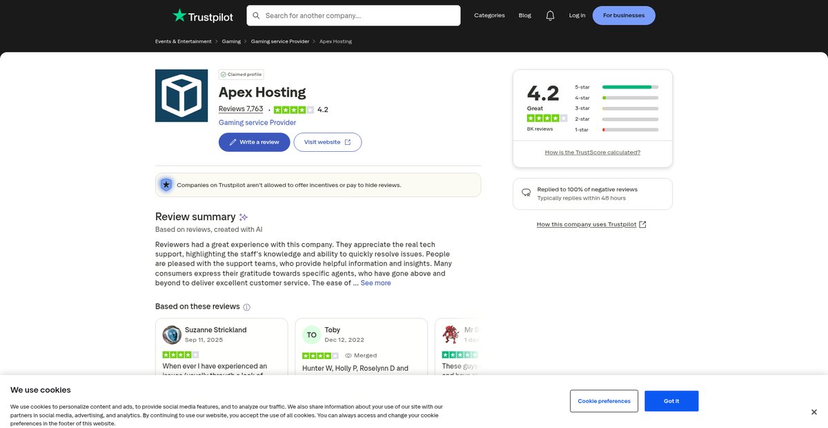 Apex Hosting Reviews Screenshot