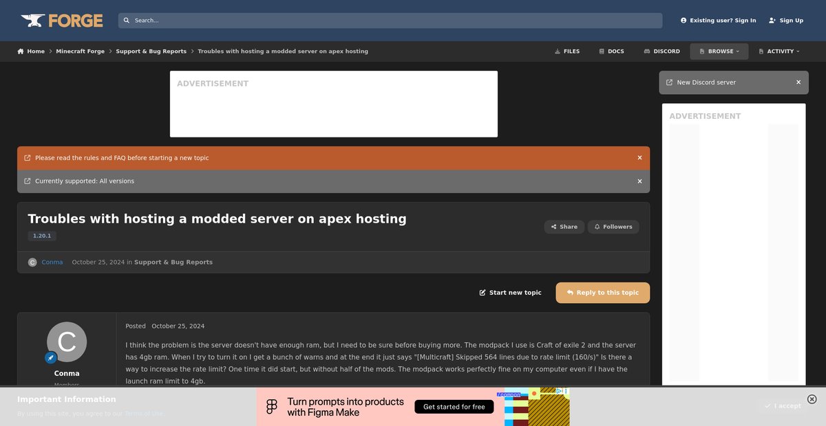 Troubles with hosting a modded server on apex hosting Screenshot