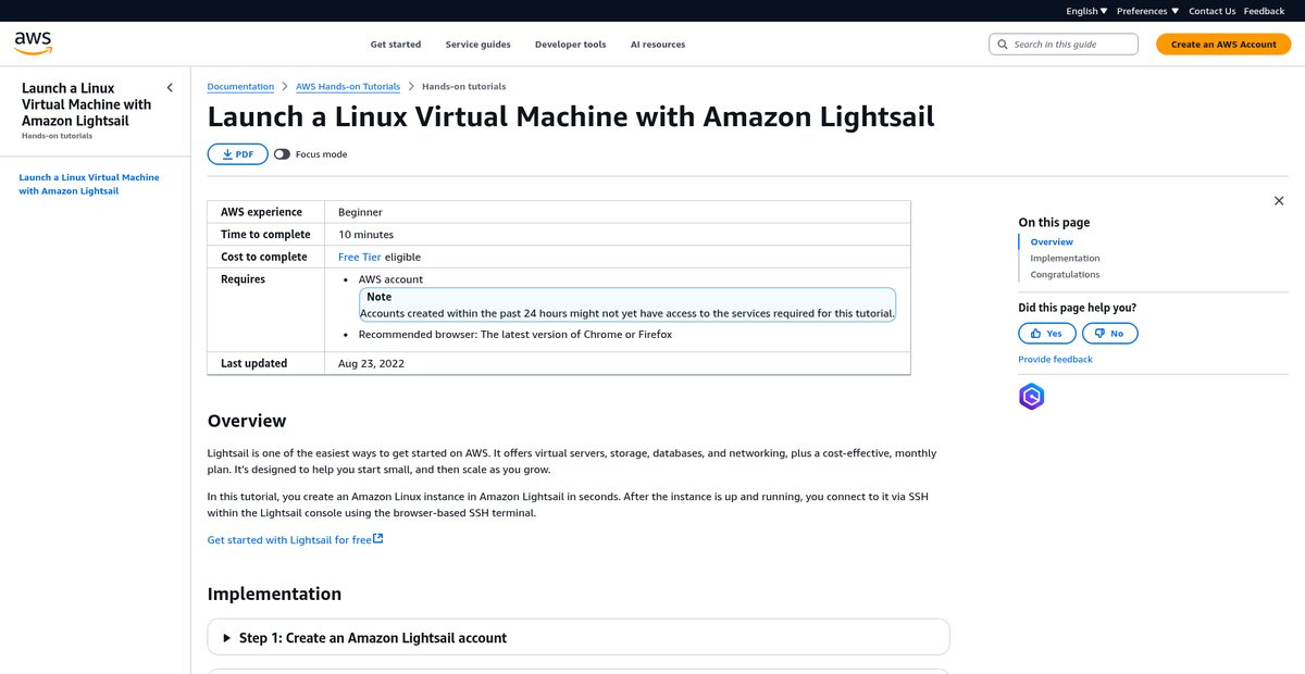 Launch a Linux Virtual Machine with Lightsail Screenshot