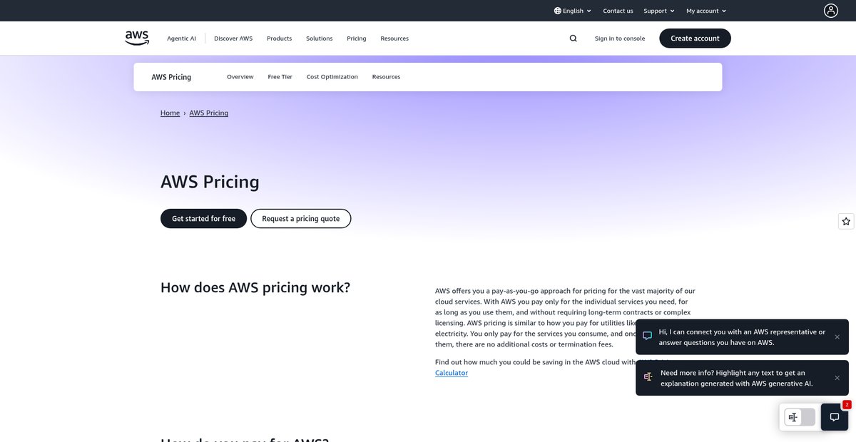 AWS Product and Service Pricing Screenshot