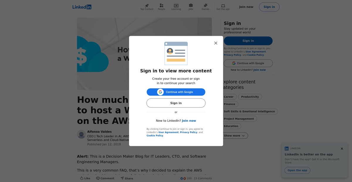 How much does it cost to host a Website/App on the AWS Cloud? Screenshot