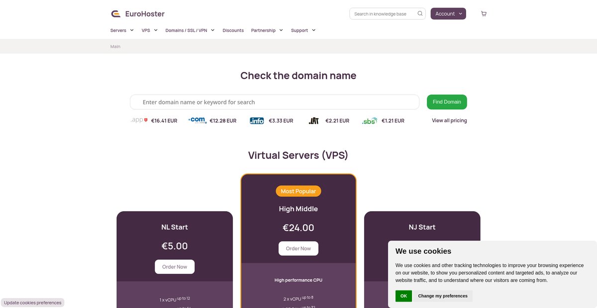 Virtual servers, dedicated servers, SSL certificates and domains Screenshot