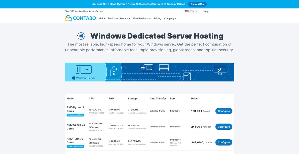 Windows Dedicated Server Hosting - Always at low prices | Contabo Screenshot
