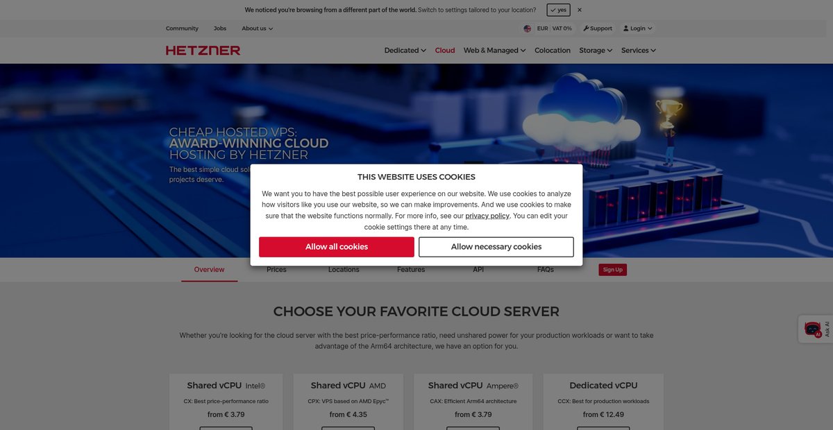 Cheap hosted VPS by Hetzner: our cloud hosting services Screenshot