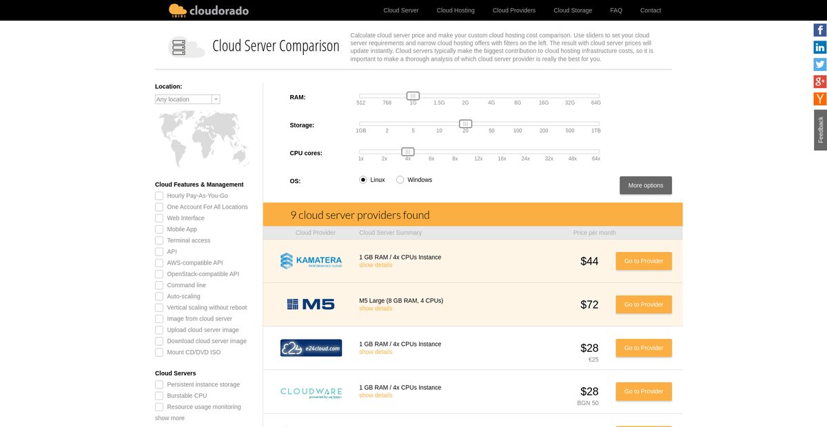Cloud Server Price Comparison Screenshot