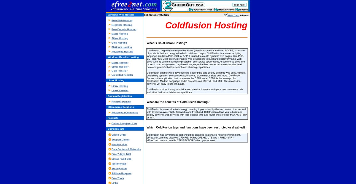 Coldfusion Hosting by efree2net Screenshot