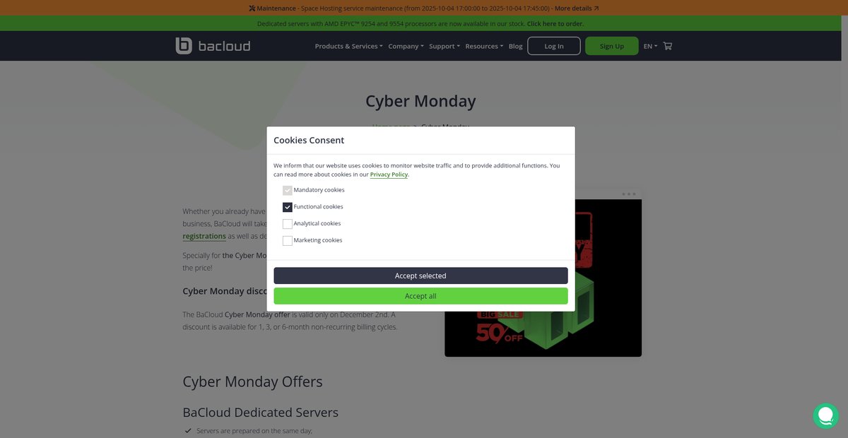 Cyber Monday hosting Screenshot