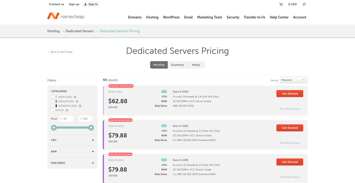 Rent Dedicated Servers from $44.88/mo - Hosting Price List Screenshot