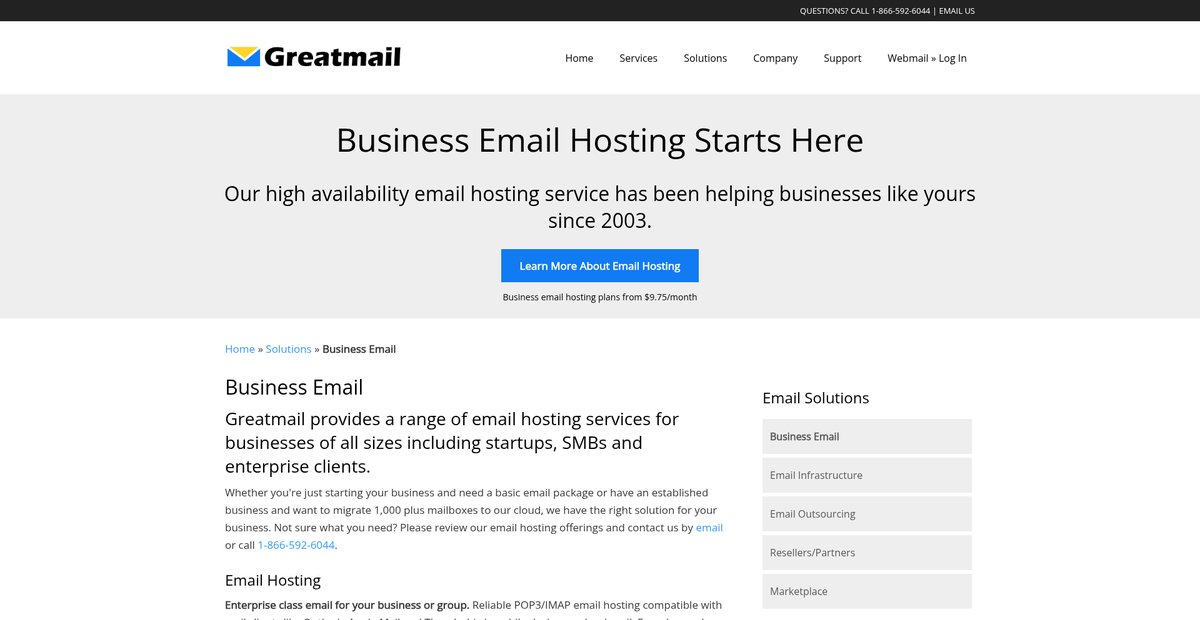 Business Email, Email Hosting Solutions Screenshot