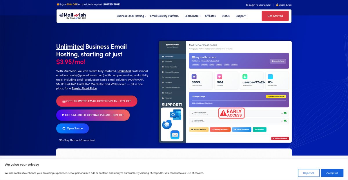 MailWish - Unlimited business email packages, from only $3.95 Screenshot