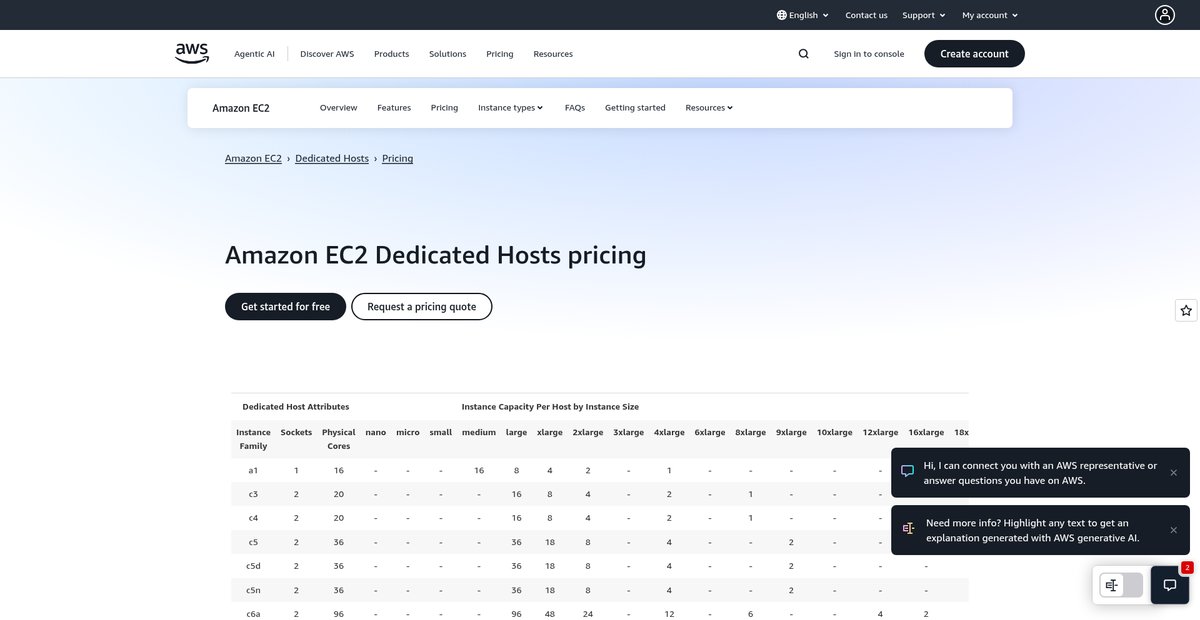 Amazon EC2 Dedicated Host Pricing Screenshot