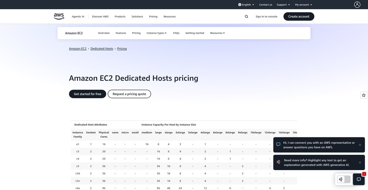 Amazon EC2 Dedicated Host Pricing Screenshot