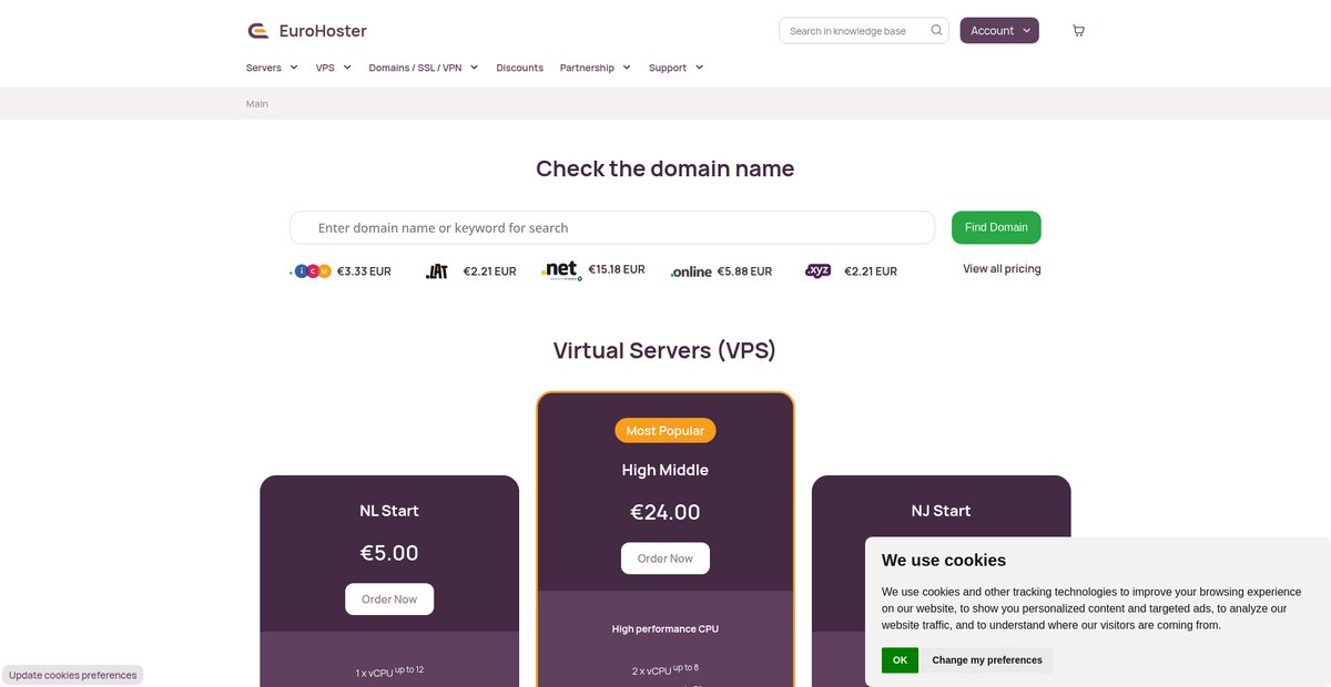 Virtual servers, dedicated servers, SSL certificates and domains Screenshot