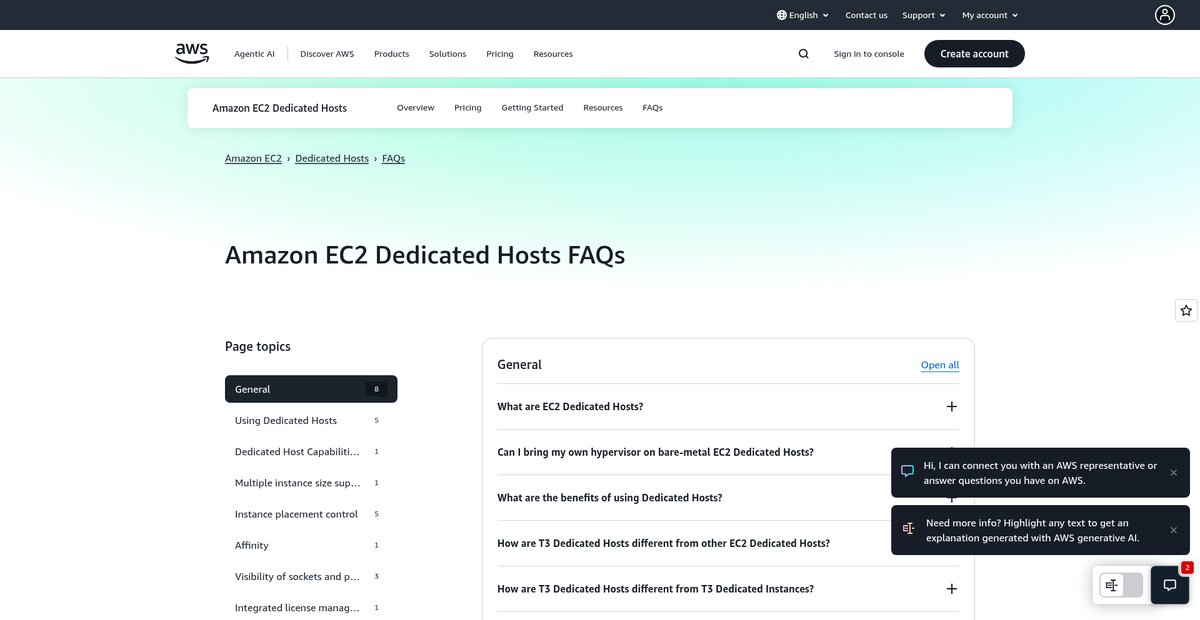 Amazon EC2 Dedicated Hosts FAQs Screenshot