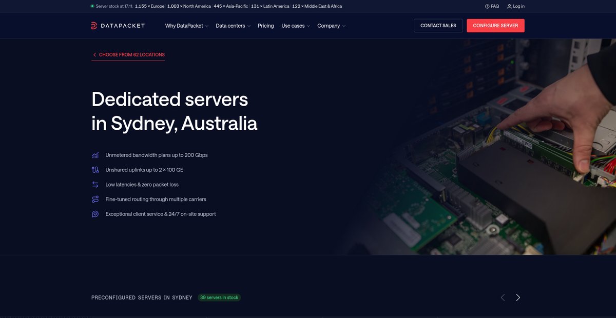 100 Mbps – 40 Gbps Unmetered Dedicated Servers in Sydney, Australia | DataPacket.com Screenshot