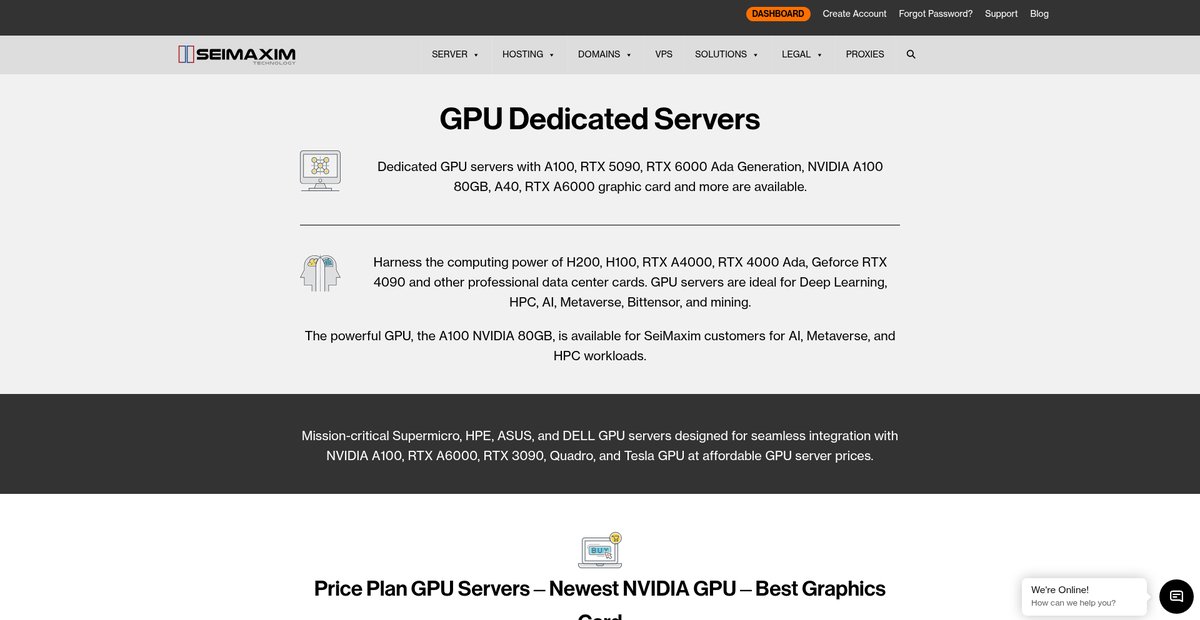 GPU Dedicated Server - GPU Hosting - AI, ML, DL, LLMs - GPU Servers - RTX3090 RTX2080Ti | SeiMaxim Screenshot