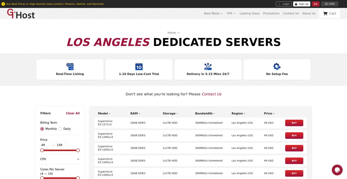 Los Angeles Instant Dedicated Servers - Choose Your Plan Screenshot