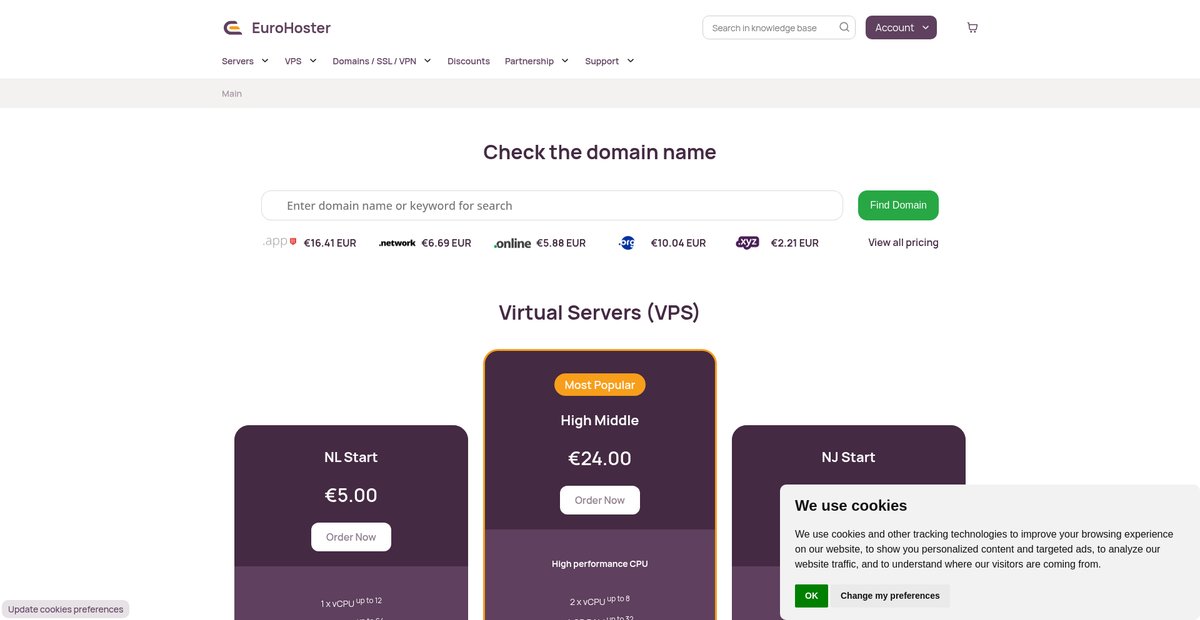 Virtual servers, dedicated servers, SSL certificates and domains Screenshot