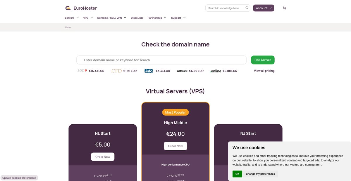 Virtual servers, dedicated servers, SSL certificates and domains Screenshot