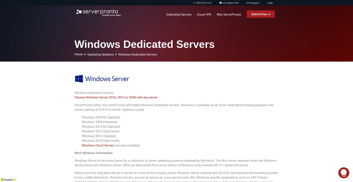 Windows Dedicated Servers, Windows Server 2016, 2012, and 2008 Screenshot