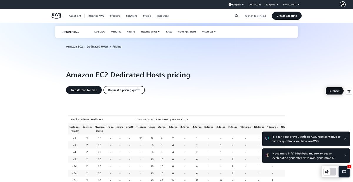 Amazon EC2 Dedicated Host Pricing Screenshot