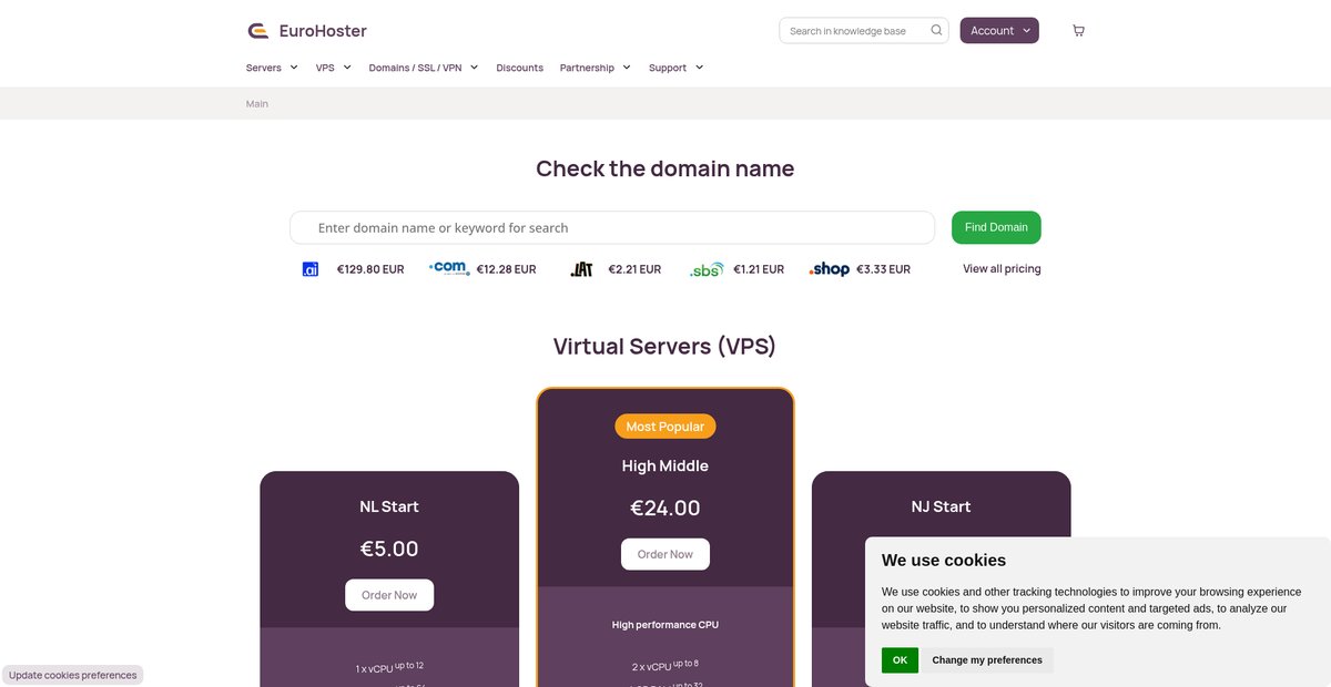 Virtual servers, dedicated servers, SSL certificates and domains Screenshot