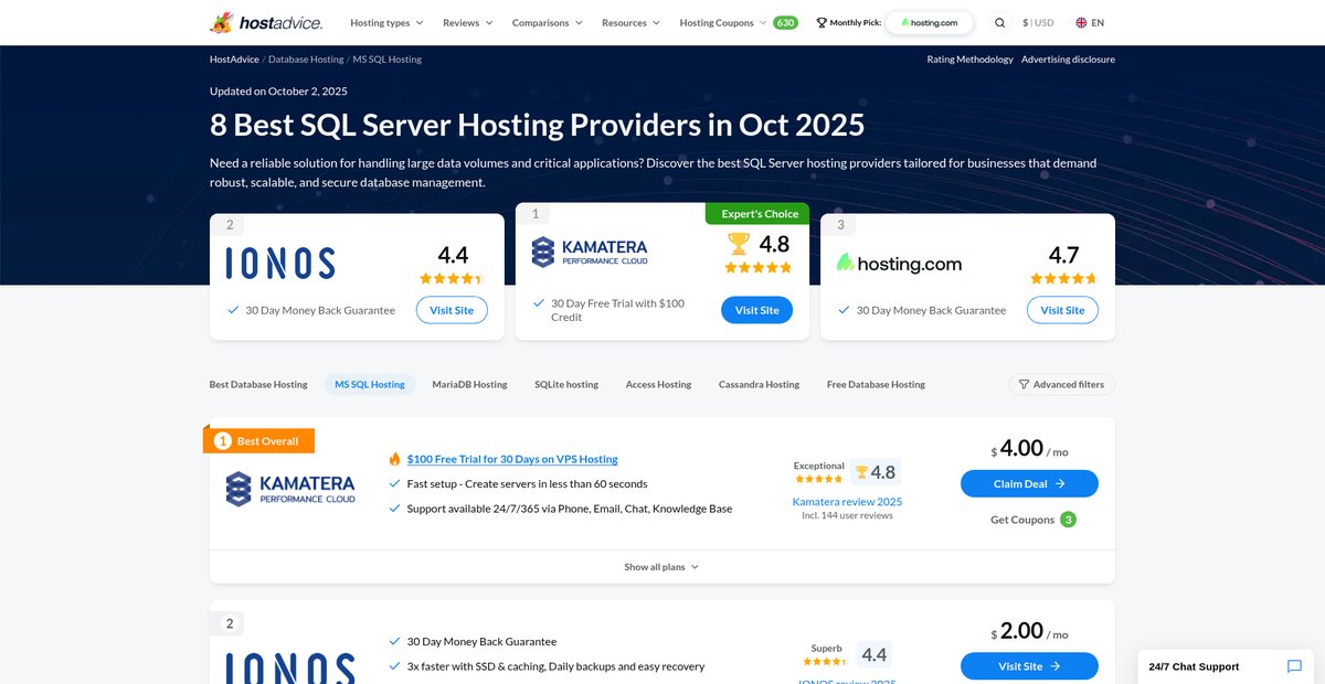 8 Best SQL Server Hosting Providers (Oct 2025) Screenshot