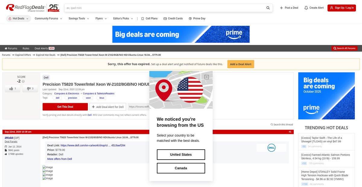 [Dell] Precision T5820 Tower/Intel Xeon W-2102/8GB/NO HD/Ubuntu Linux 18.04....$779.00 - RedFlagDeals.com Forums Screenshot