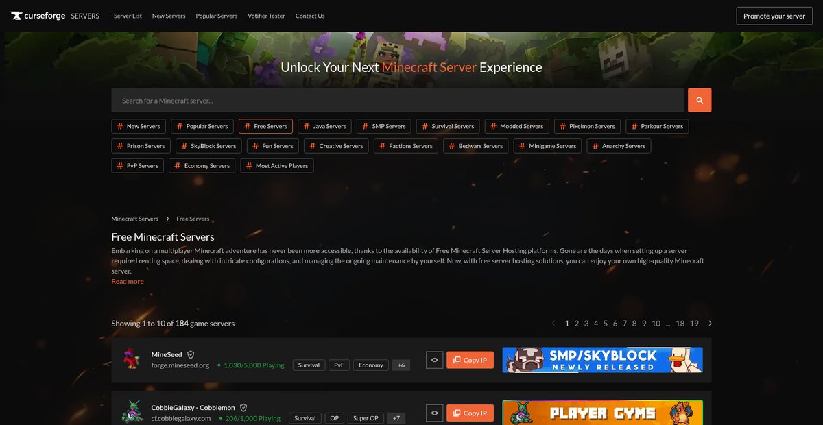 CurseForge's Minecraft Free Servers List Screenshot