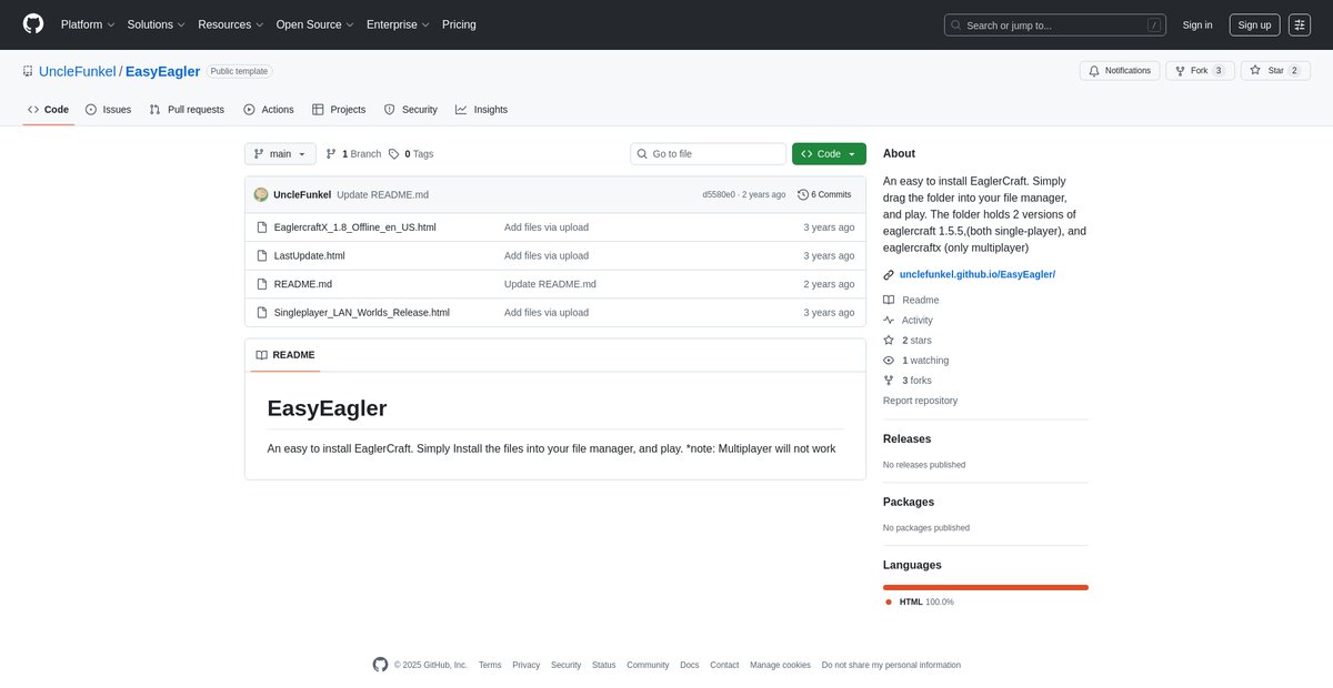 GitHub - UncleFunkel/EasyEagler: An easy to install EaglerCraft. Simply drag the folder into your file manager, and play. The folder holds 2 versions of eaglercraft 1.5.5,(both single-player), and eaglercraftx (only multiplayer) Screenshot