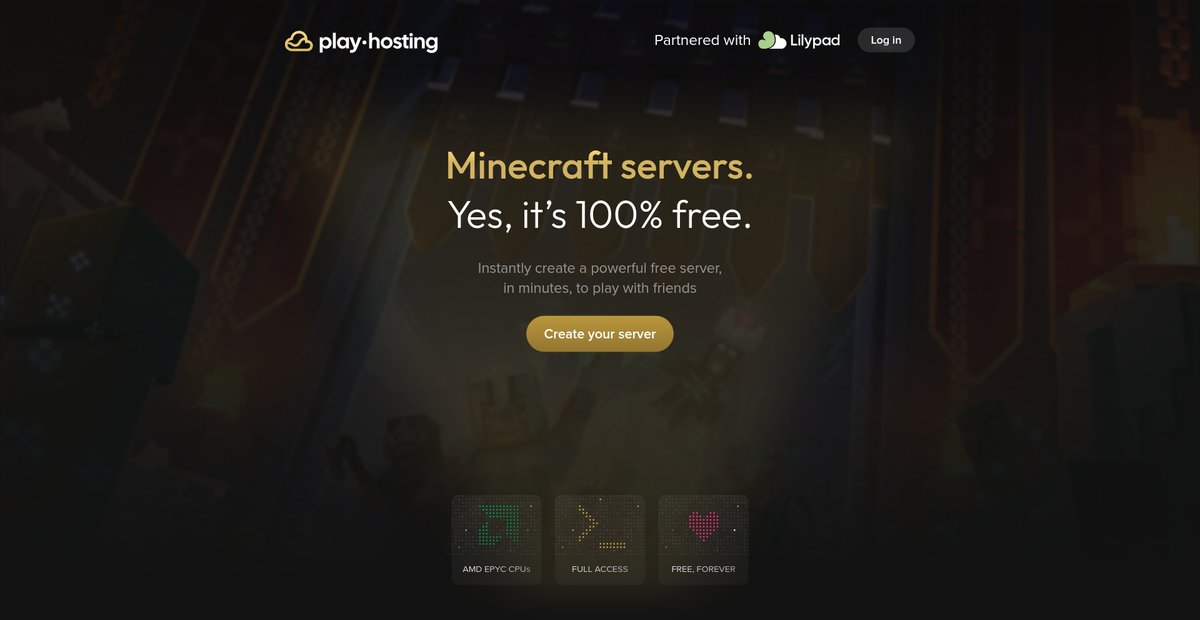 Play Hosting | Minecraft Servers, 100% Free, Forever Screenshot
