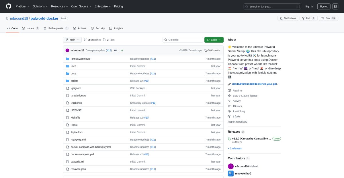 GitHub - mbround18/palworld-docker: 🌟 Welcome to the ultimate Palworld Server Setup! 🌍 This GitHub repository is your go-to toolkit 🛠️ for launching a Palworld server in a snap using Docker! Choose from preset worlds like 'casual' 🏖️, 'normal' 🌆, or 'hard' 🌋, or dive deep into customization with flexible settings 🎛️. Screenshot