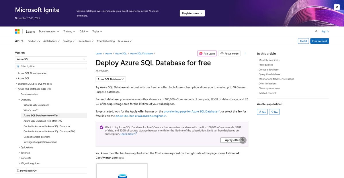 Deploy Azure SQL Database for free Screenshot