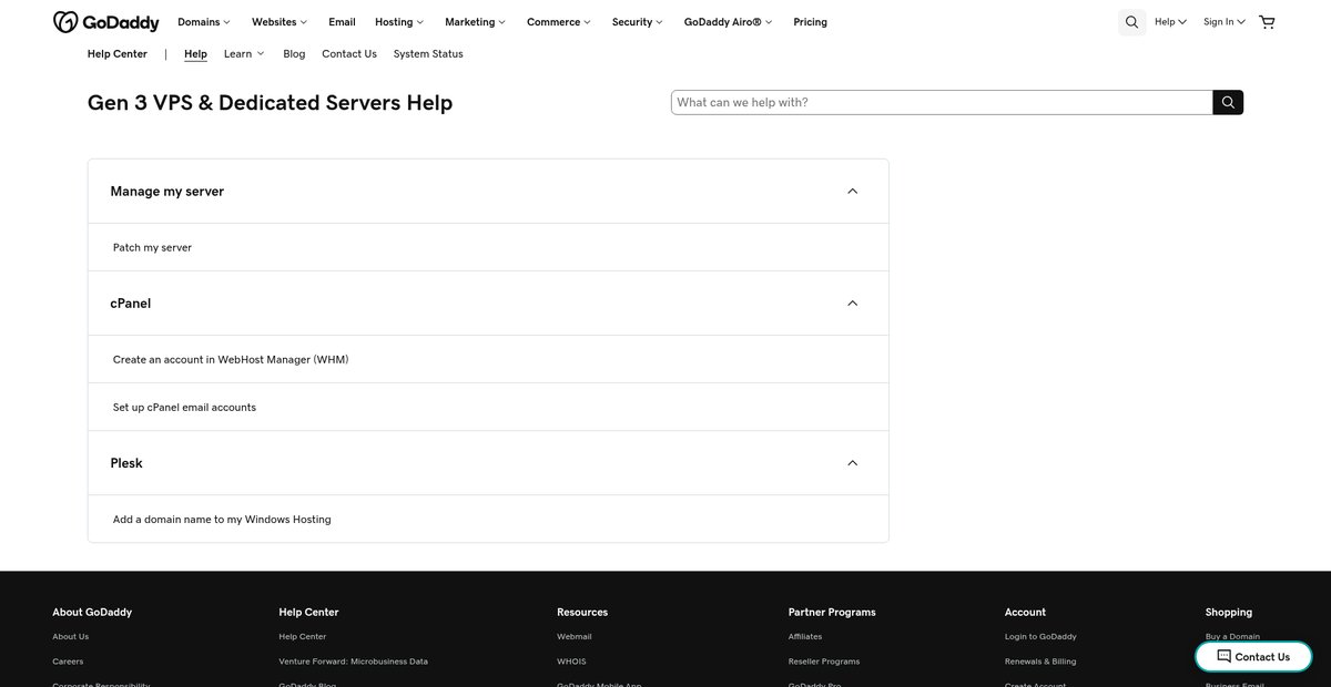 GoDaddy Help Center - Gen 3 VPS & Dedicated Servers Screenshot