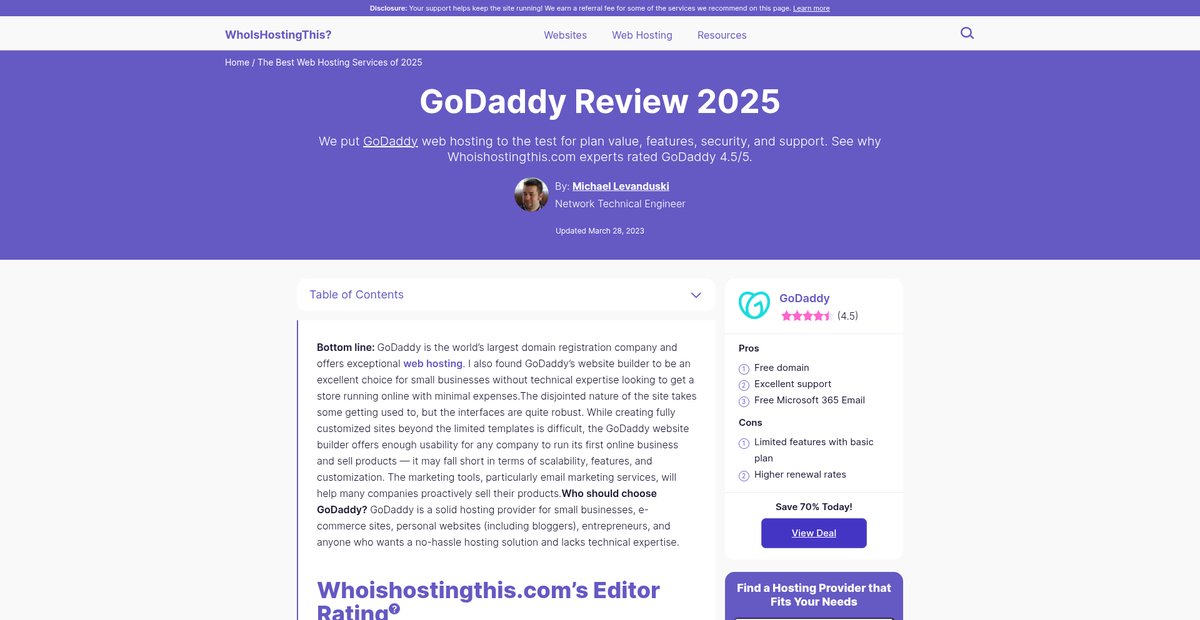 GoDaddy Review 2025 | Whoishostingthis.com Screenshot
