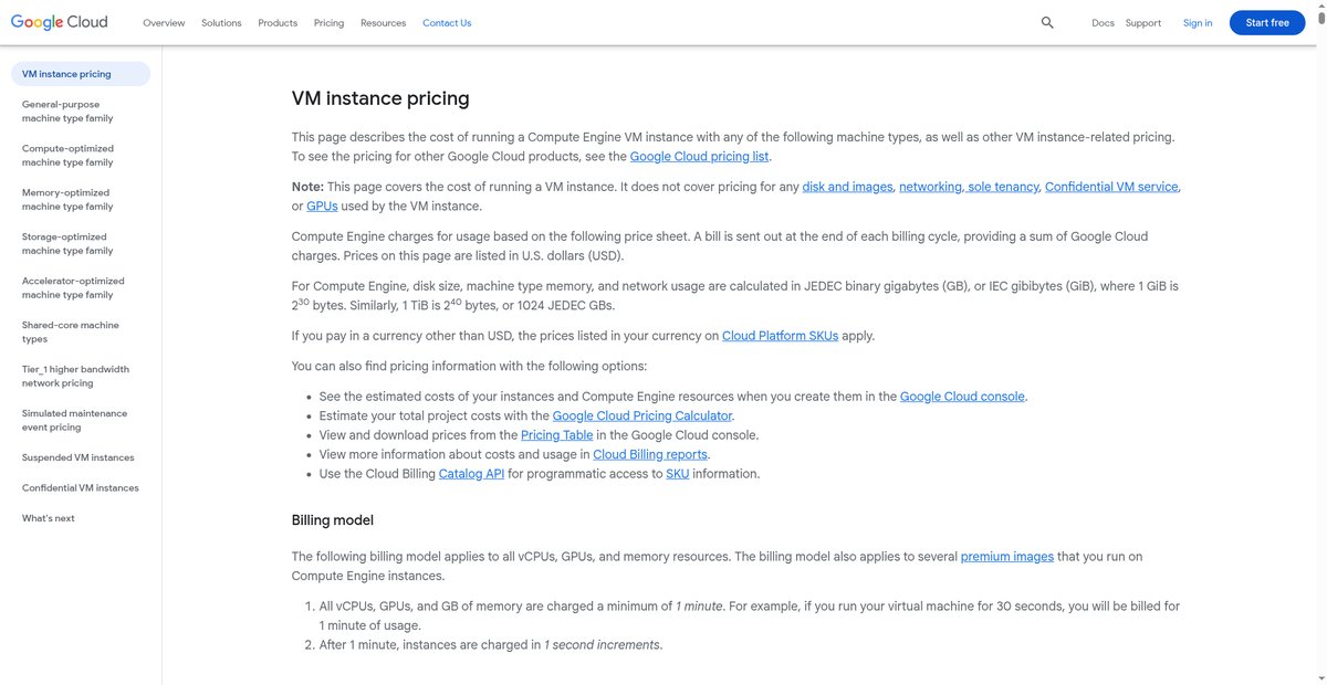 VM instance pricing Screenshot