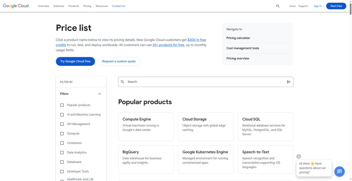 Pricing per product | Google Cloud Screenshot