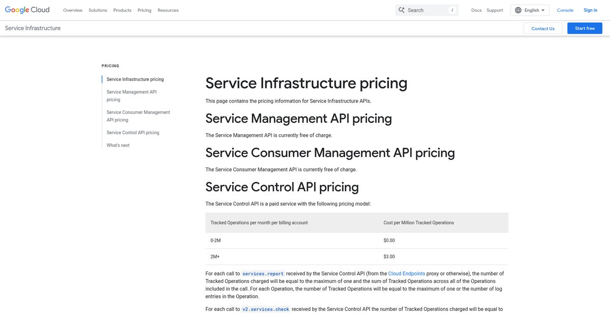 Pricing  |  Service Infrastructure  |  Google Cloud Screenshot