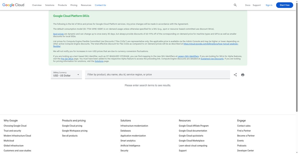 SKUs | Google Cloud Screenshot