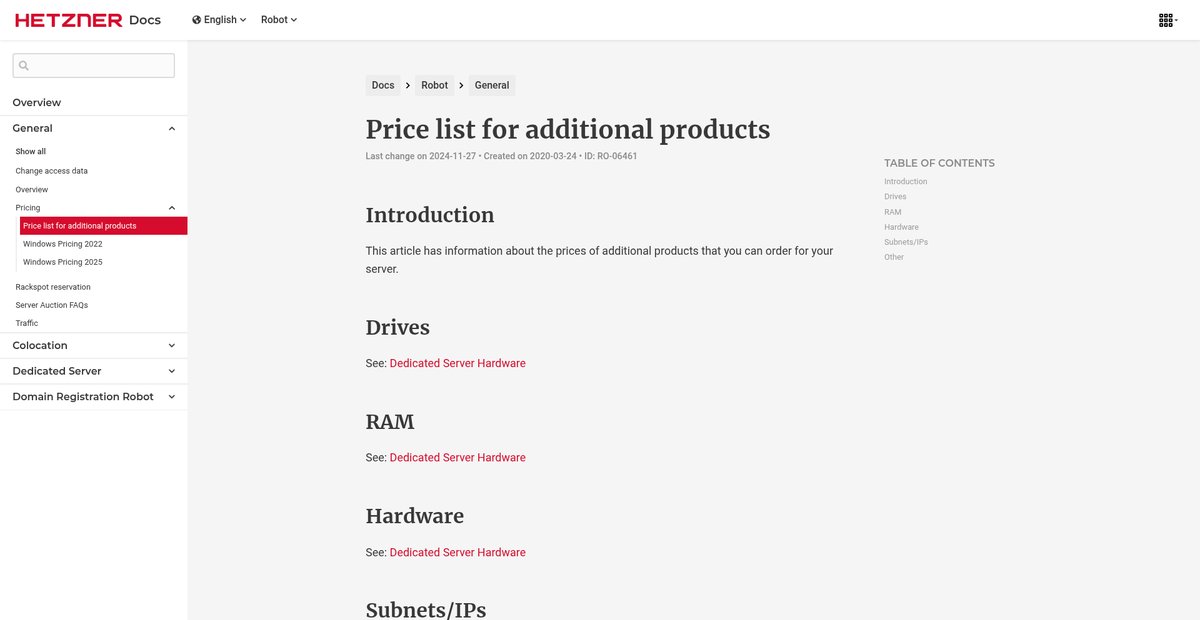 Price list for additional products Screenshot