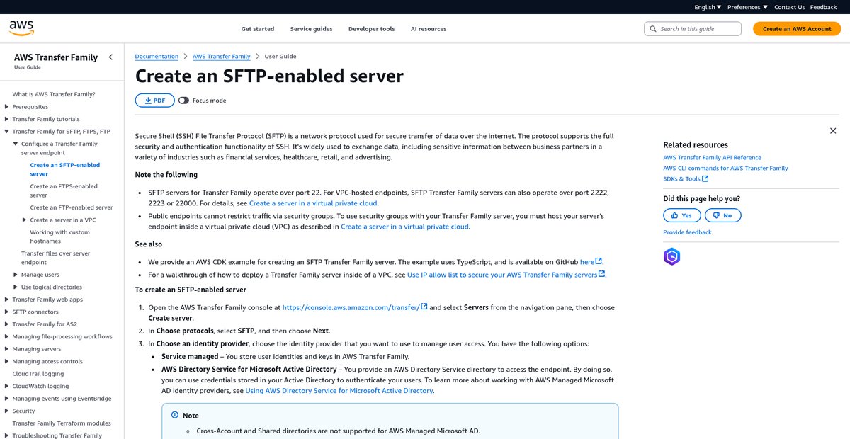Create an SFTP-enabled server - AWS Transfer Family Screenshot