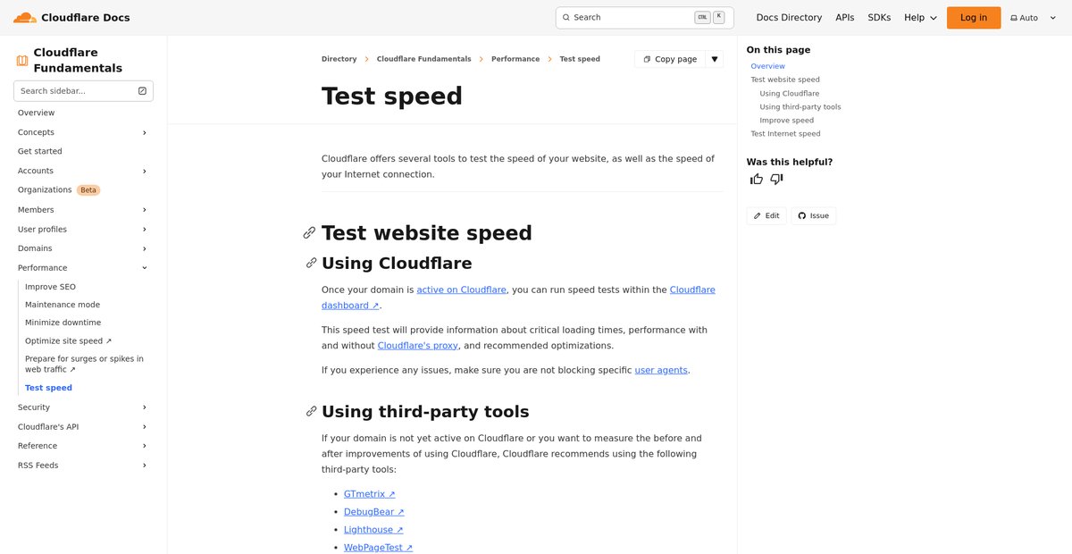 Test speed · Cloudflare Fundamentals docs Screenshot