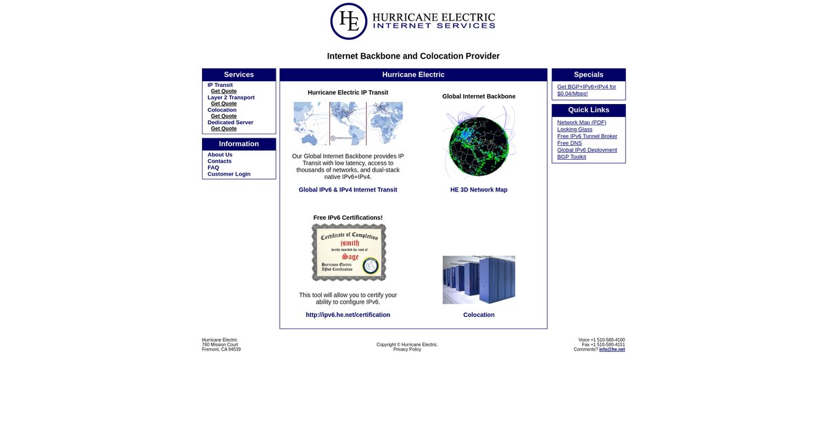 Hurricane Electric Internet Services - Internet Backbone and Colocation Provider Screenshot
