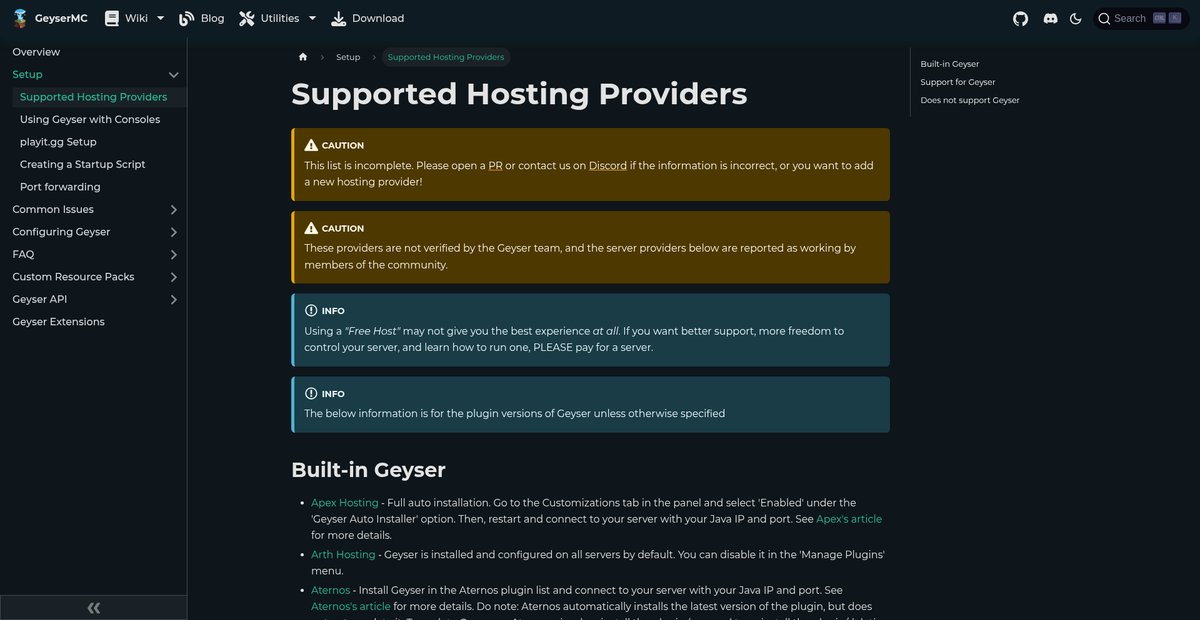 Supported Hosting Providers | GeyserMC Screenshot