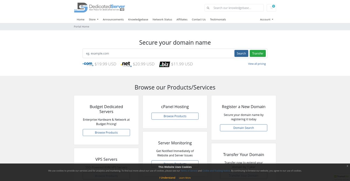 Portal Home - DedicatedServer.io Screenshot