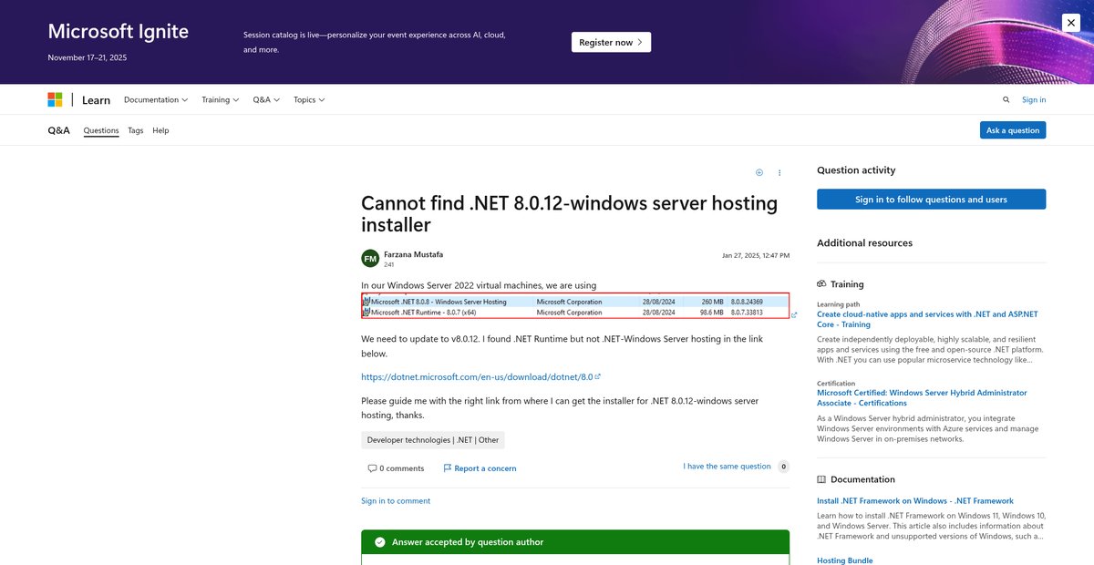 Cannot find .NET 8.0.12-windows server hosting installer Screenshot
